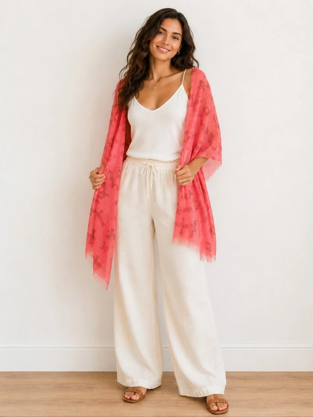 Red Pink Heart Cross Print Viscose Scarf Fringe Lightweight Boho Wrap